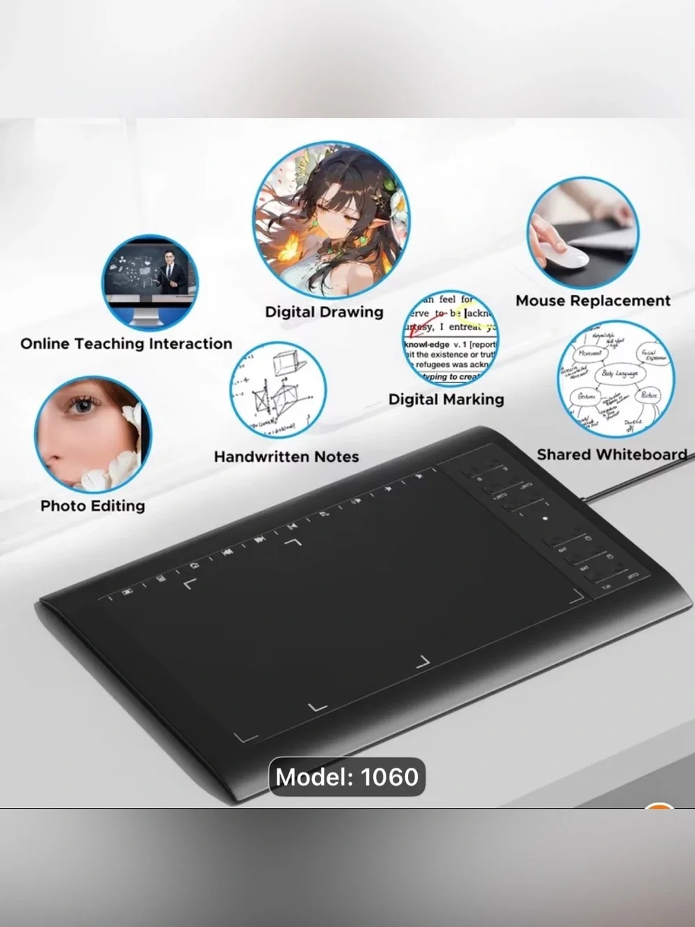 Graphics Drawing Tablet with Stylus - Black (Model 1060)